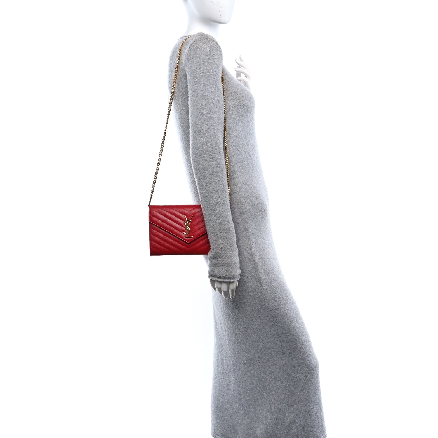 Saint Laurent Grain De Poudre Matelasse Chevron Monogram Chain Wallet Red 2 of 9
