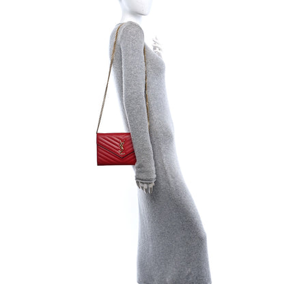 Saint Laurent Grain De Poudre Matelasse Chevron Monogram Chain Wallet Red 2 of 9
