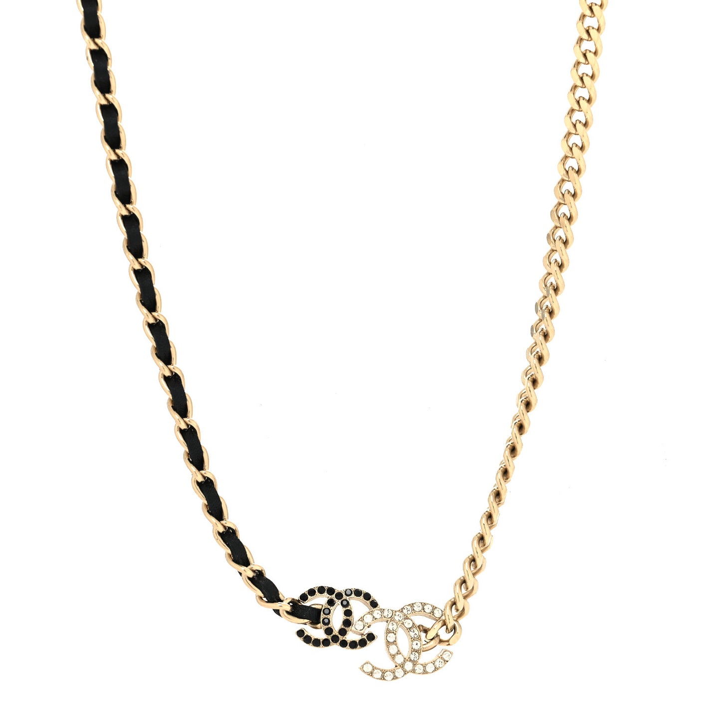 Metal Calfskin Crystal Double CC Short Necklace Black Gold