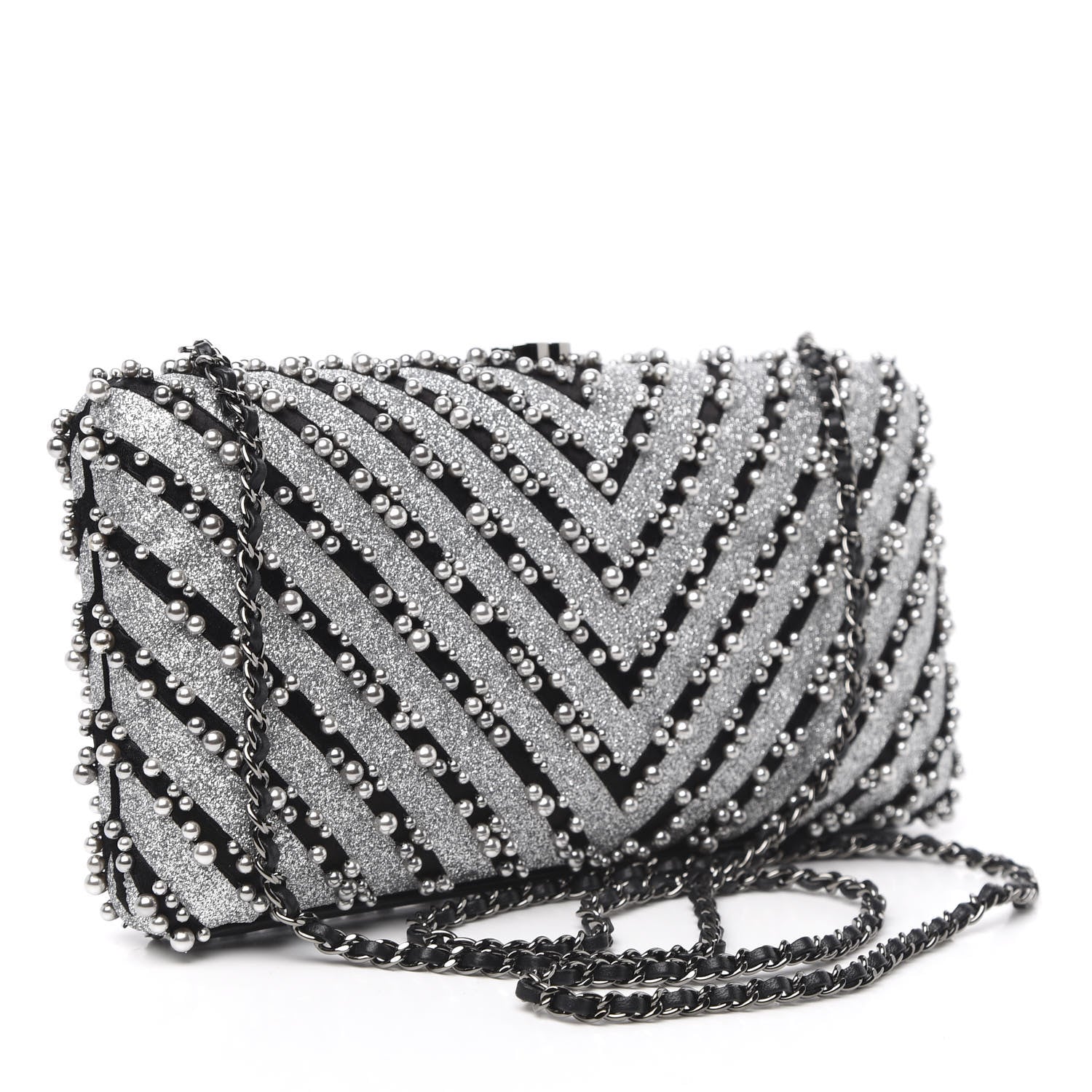 Chanel Mixed Fibers Pearl Evening Clutch Silver Black 3 of 11