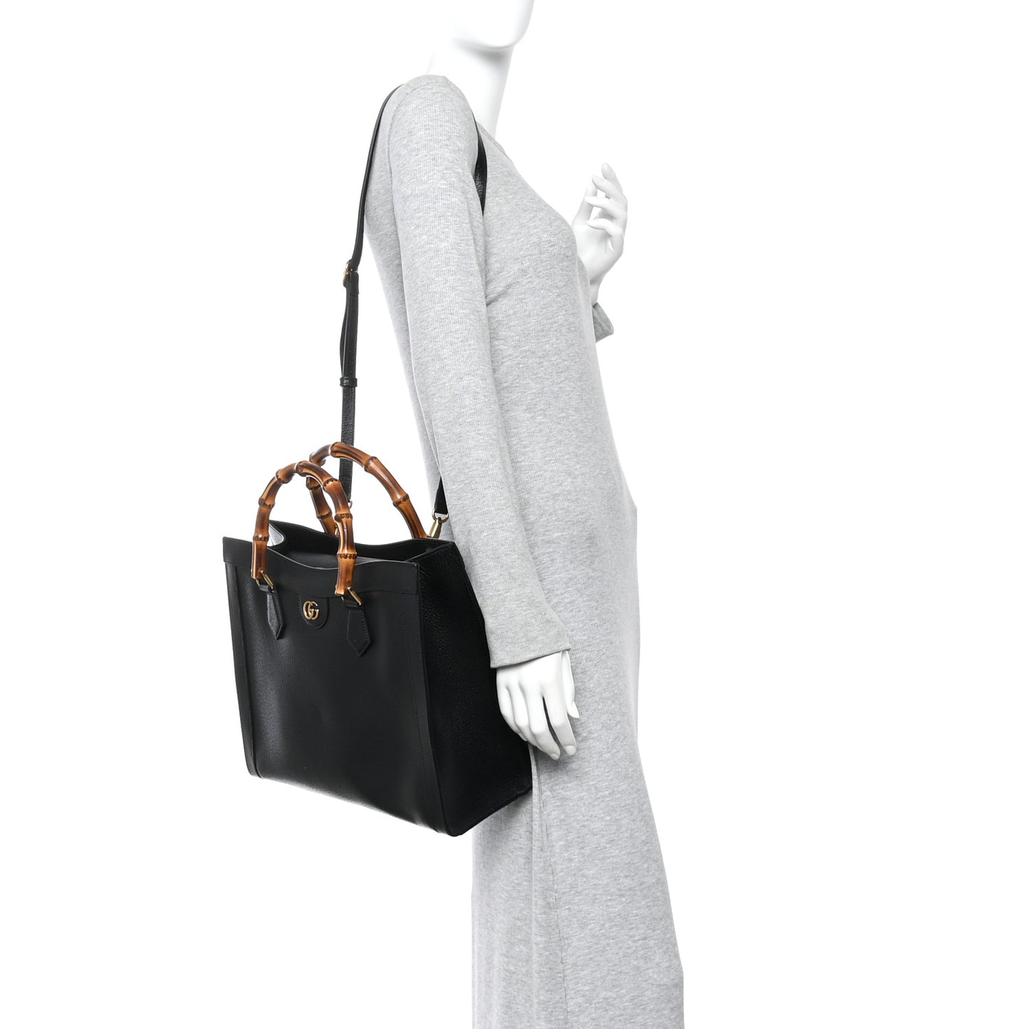 Textured Dollar Calfskin Web Medium Diana Tote Bag Black Dusty Grey