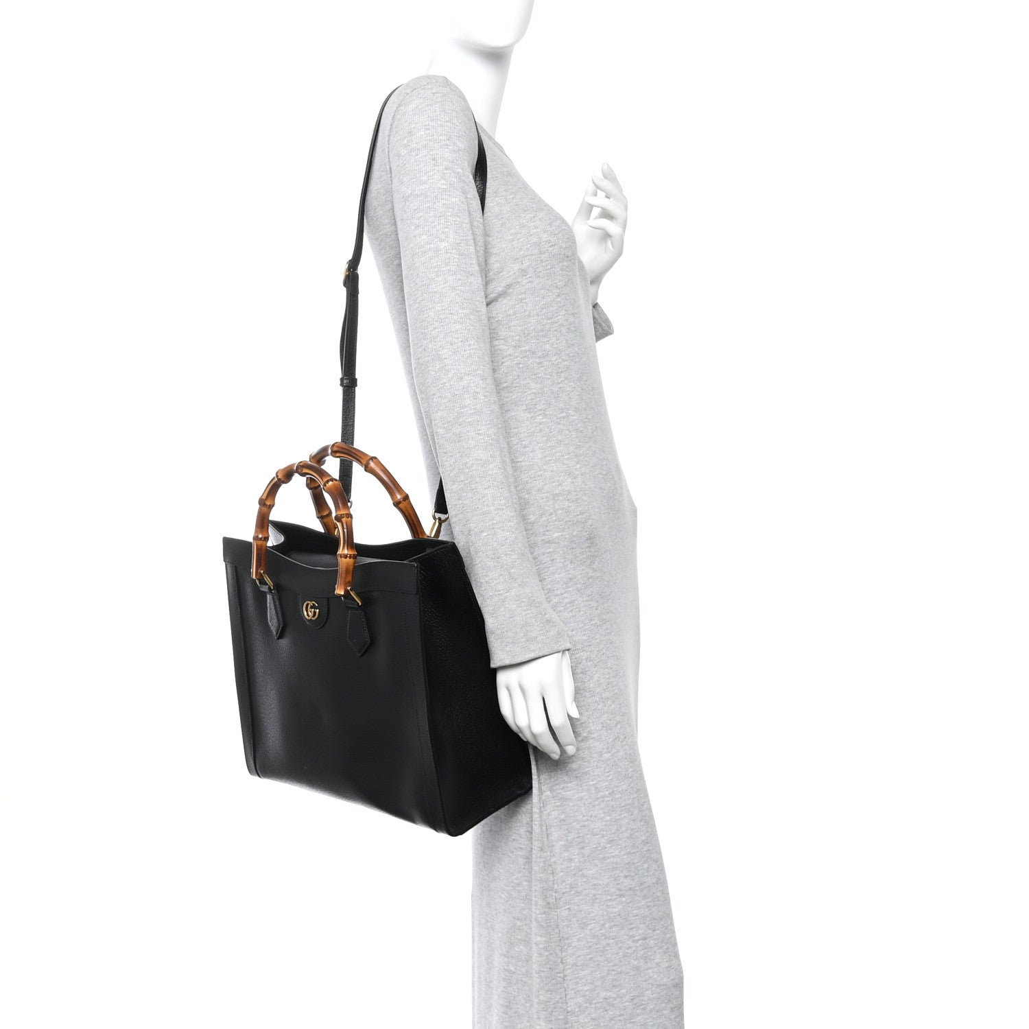Gucci Textured Dollar Calfskin Web Medium Diana Tote Bag Black Dusty Grey 2 of 9