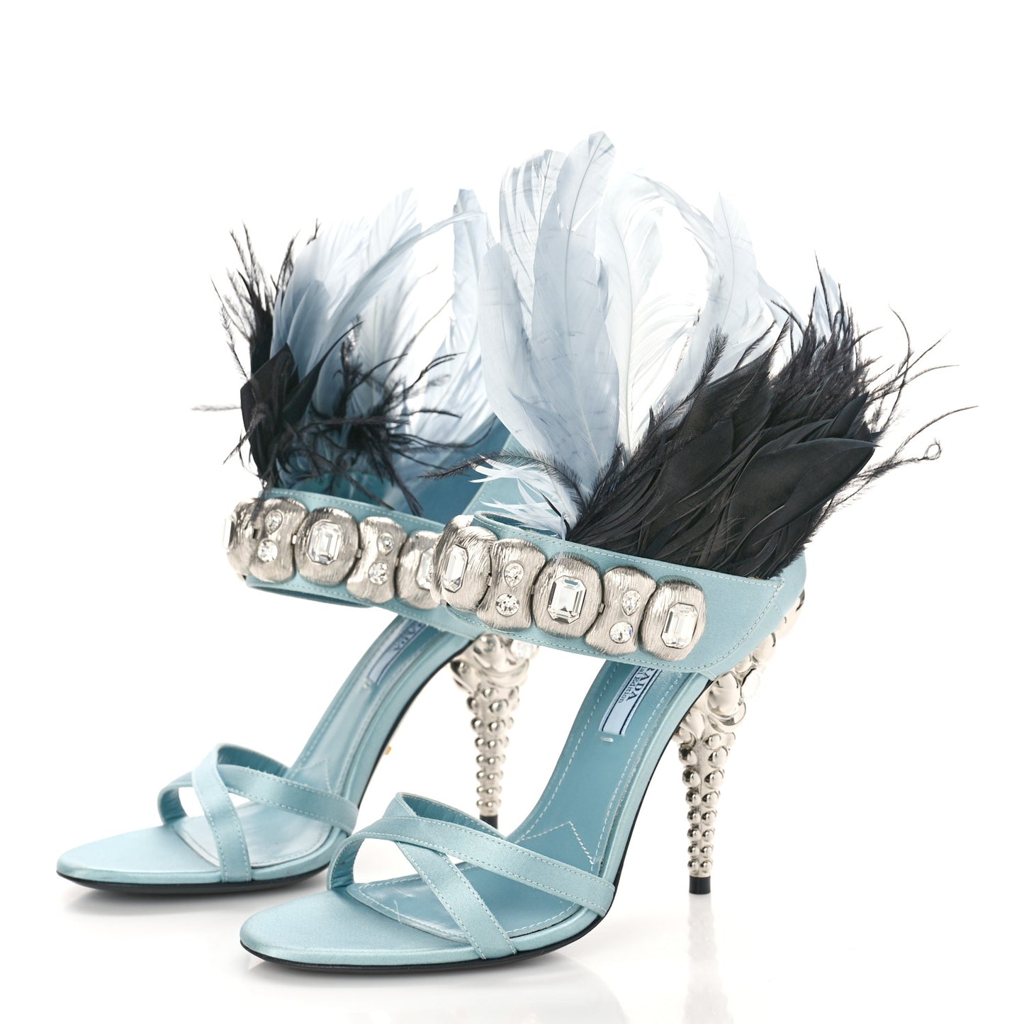 Satin Feather Crystal 110mm Sandals 37 Curacao Argento