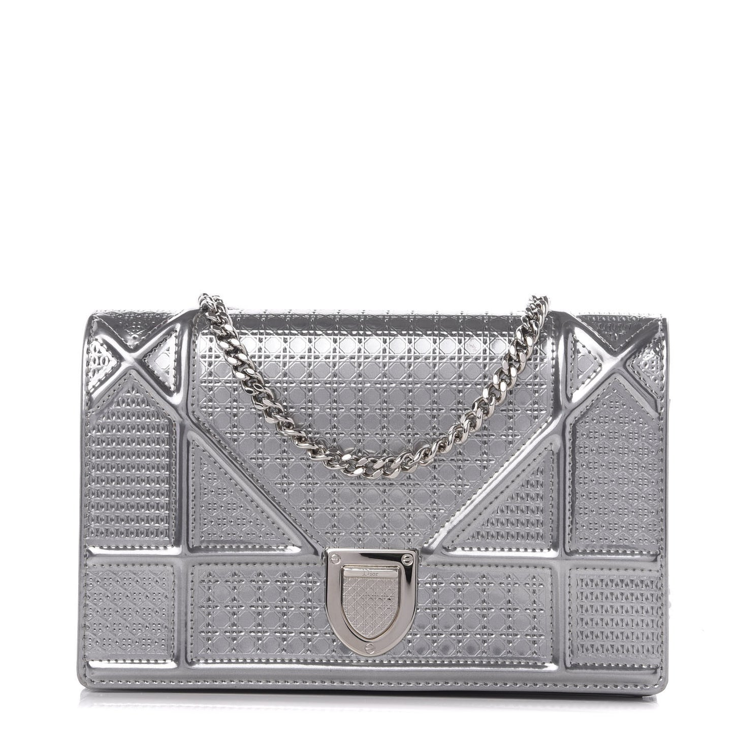 Metallic Patent Micro-Cannage Diorama Wallet on Chain Pouch Silver