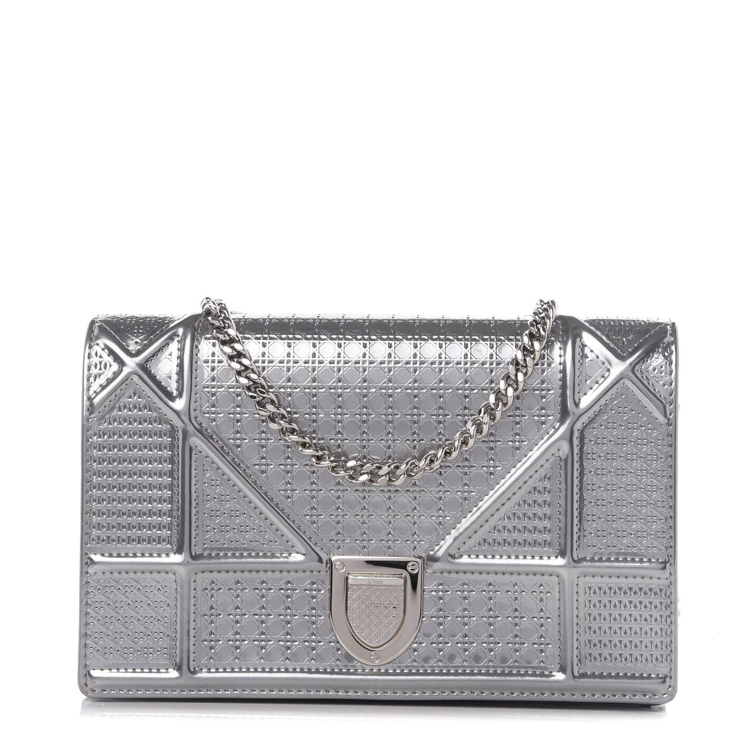 Christian Dior Metallic Patent Micro-Cannage Diorama Wallet on Chain Pouch Silver 1 of 9