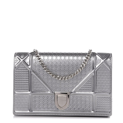Christian Dior Metallic Patent Micro-Cannage Diorama Wallet on Chain Pouch Silver 1 of 9
