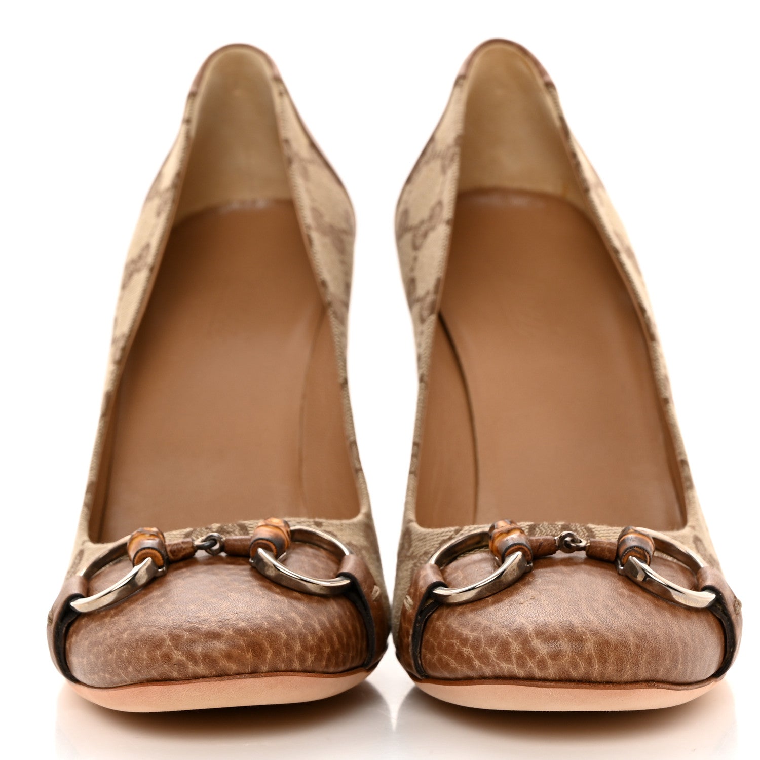 Gucci Monogram GG Grained Calfskin Horsebit Pumps 38 Brown 2 of 9