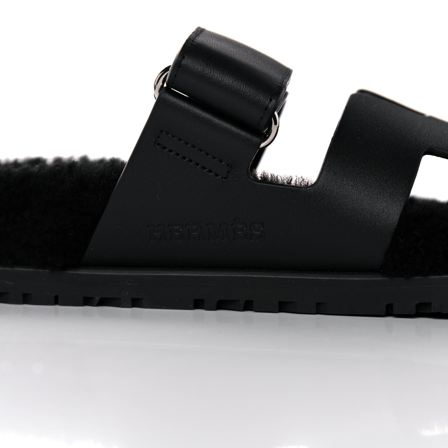 Hermes Calfskin Woolskin Womens Chypre Sandals 38.5 Black 9 of 11