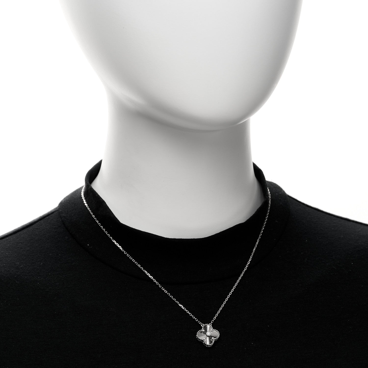 Van Cleef & Arpels 18K White Gold Diamond Guilloche Vintage Alhambra Pendant Necklace 2 of 4