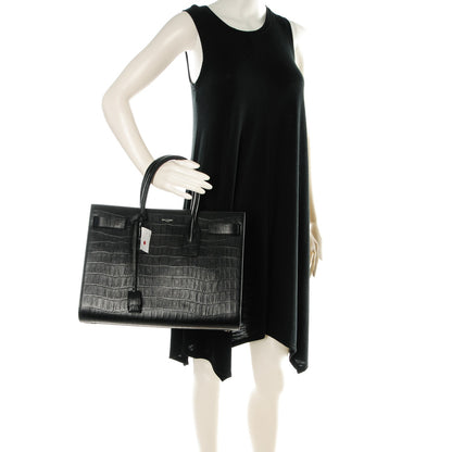Saint Laurent Calfskin Crocodile Embossed Large Sac De Jour Carryall Black 2 of 7
