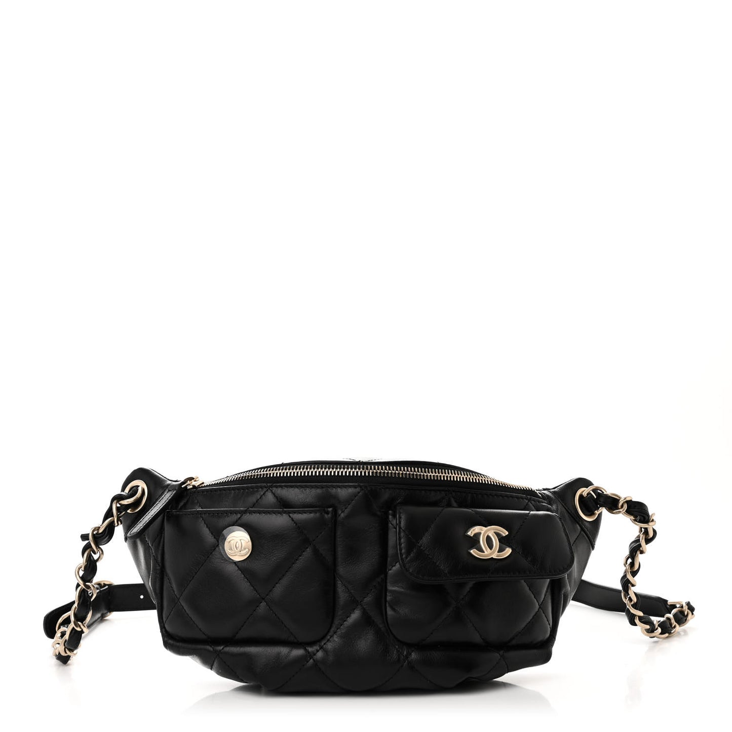 Shiny Aged Calfskin Quilted CC Pockets Jacket Waist Belt Bag Black