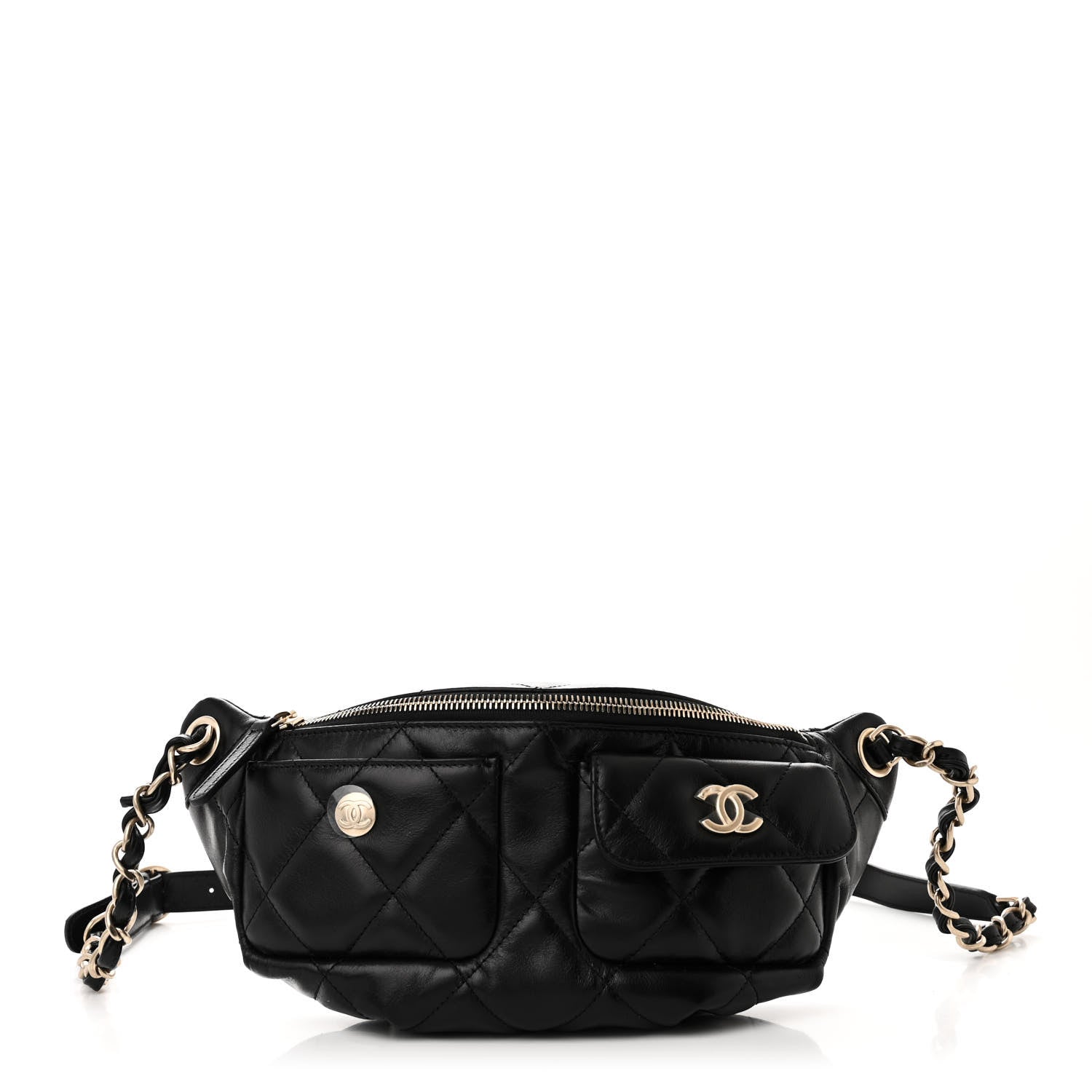 Chanel Shiny Aged Calfskin Quilted CC Pockets Jacket Waist Belt Bag Black 1 of 10