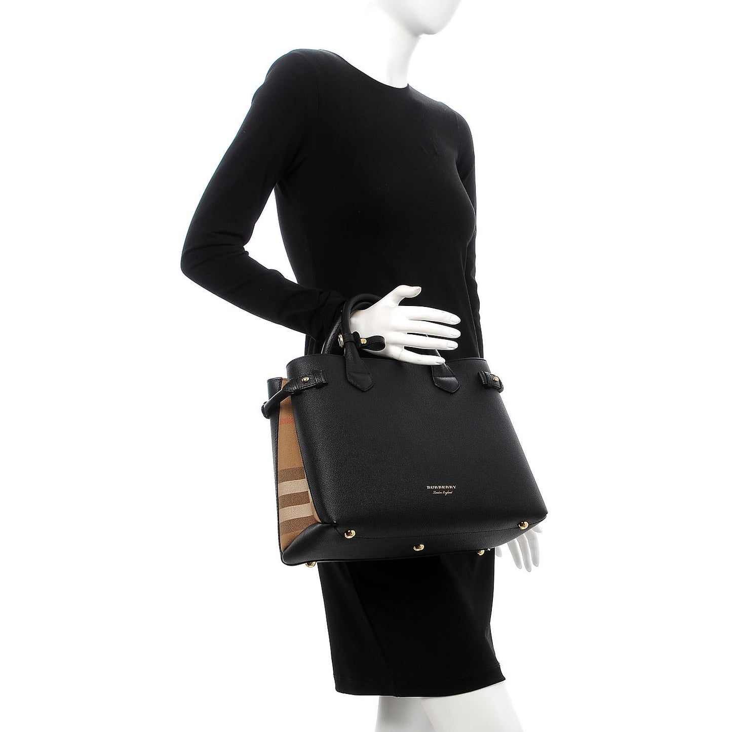 Grainy Calfskin House Check Medium Banner Tote Black