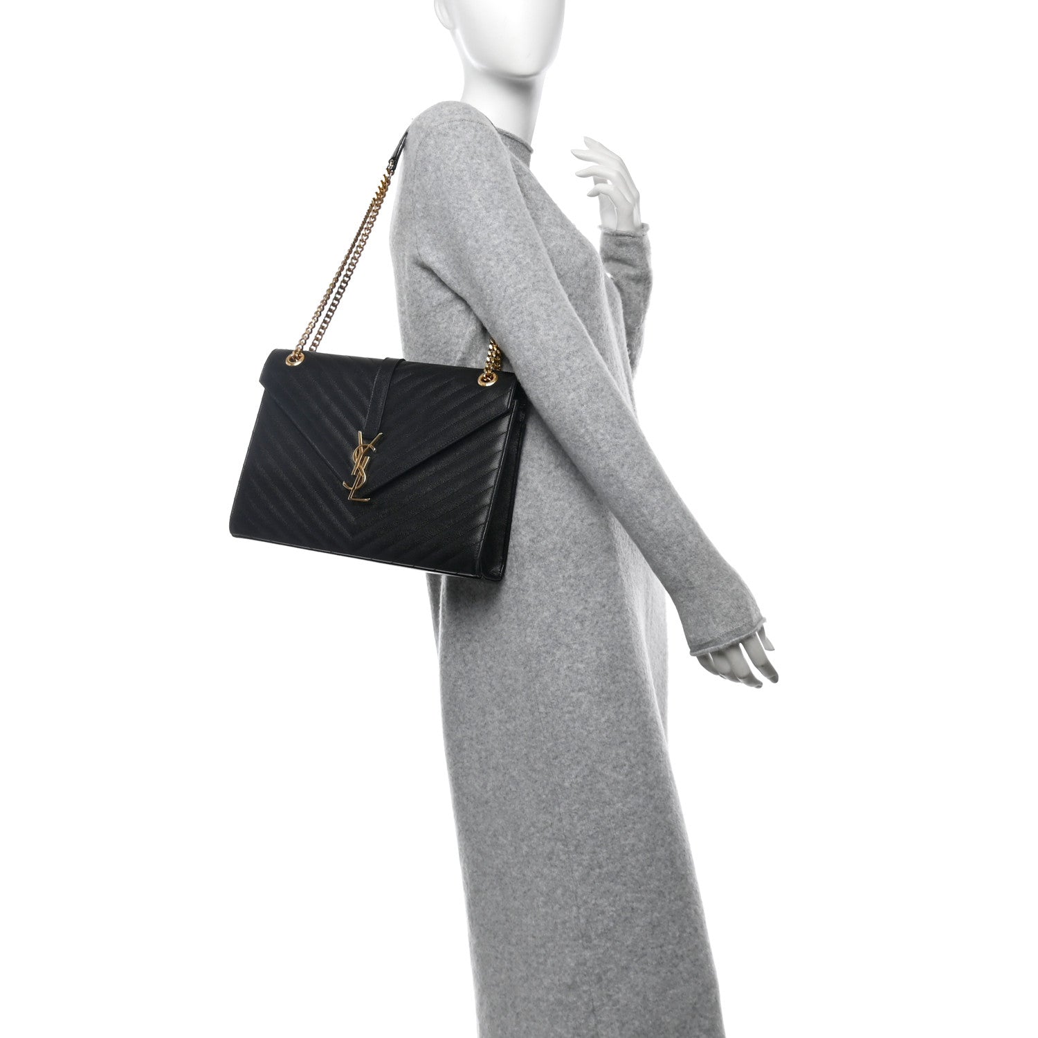 Saint Laurent Grain De Poudre Matelasse Chevron Large Monogram Satchel Black 2 of 9