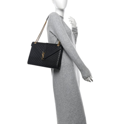 Saint Laurent Grain De Poudre Matelasse Chevron Large Monogram Satchel Black 2 of 9