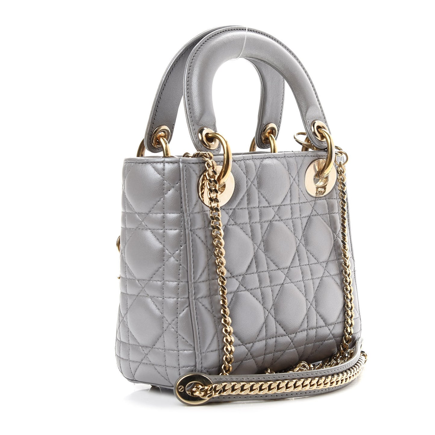 Metallic Lambskin Cannage Mini Lady Dior Grey