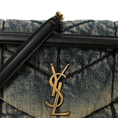 Saint Laurent Denim Quilted Medium Loulou Puffer Monogram Chain Satchel Black Blue 8 of 10