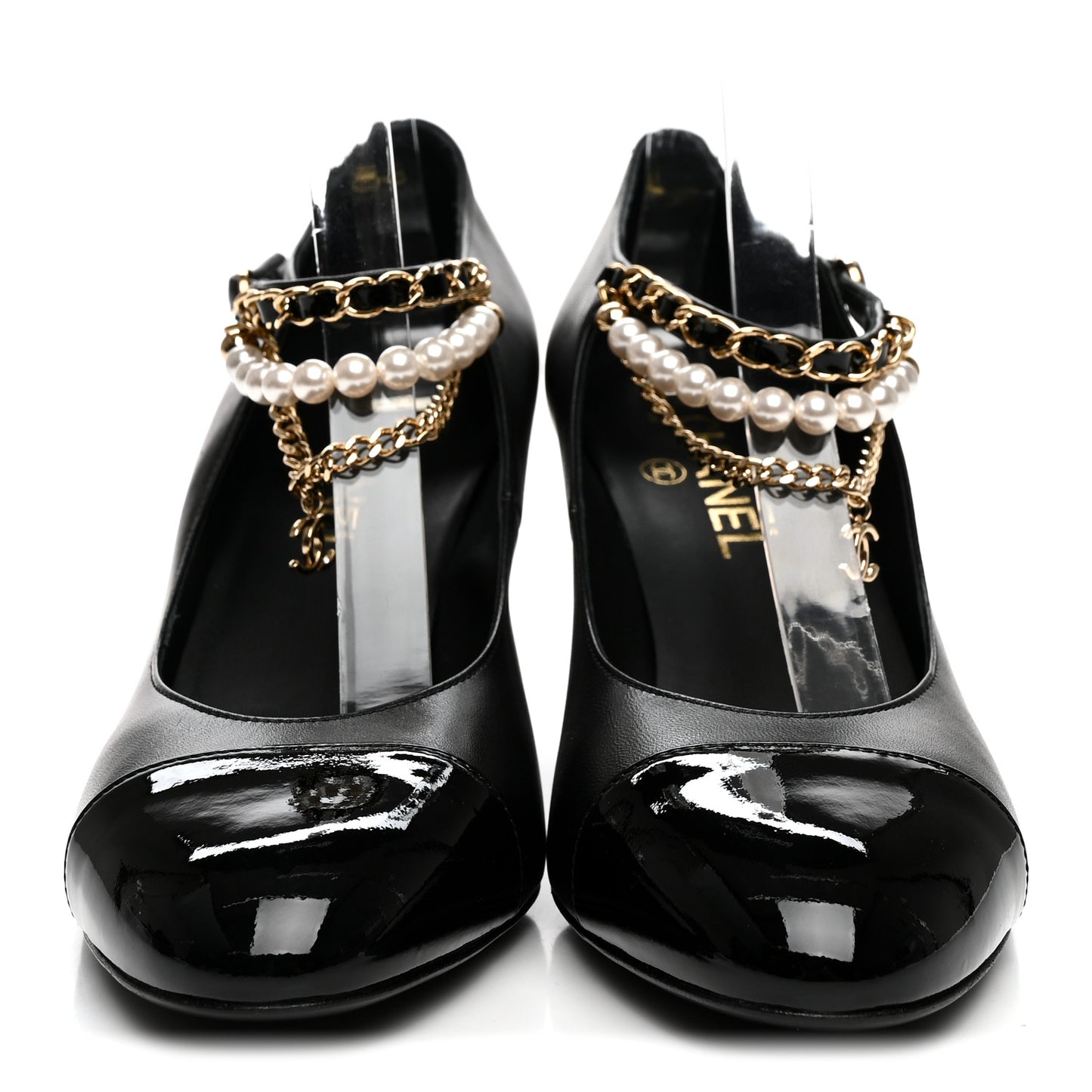 Shiny Lambskin Patent Calfskin Cap Toe Ankle Pearl Chain Pumps 39.5 Black
