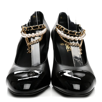 Chanel Shiny Lambskin Patent Calfskin Cap Toe Ankle Pearl Chain Pumps 39.5 Black 3 of 9