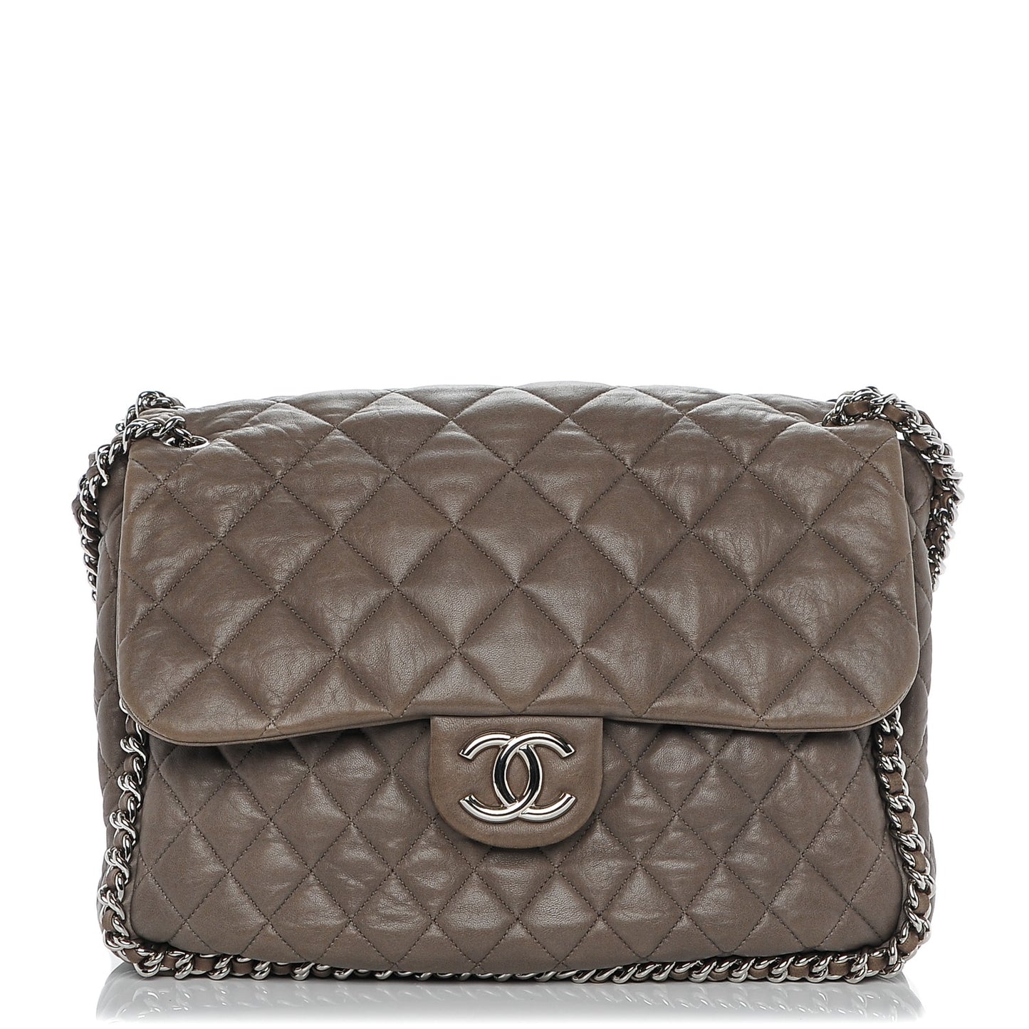 Washed Lambskin Quilted Chain Around Maxi Flap Taupe