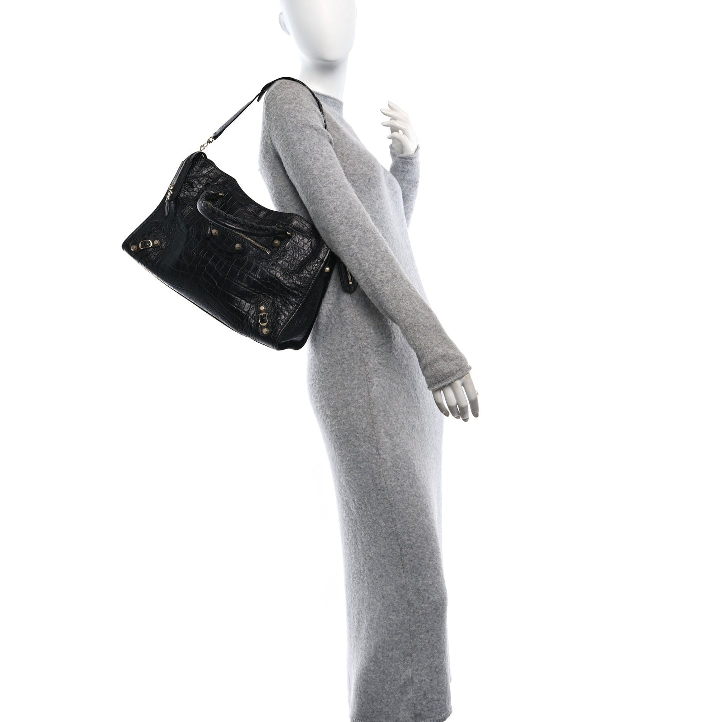 Calfskin Crocodile Embossed Giant 12 Gold Hardware City Black