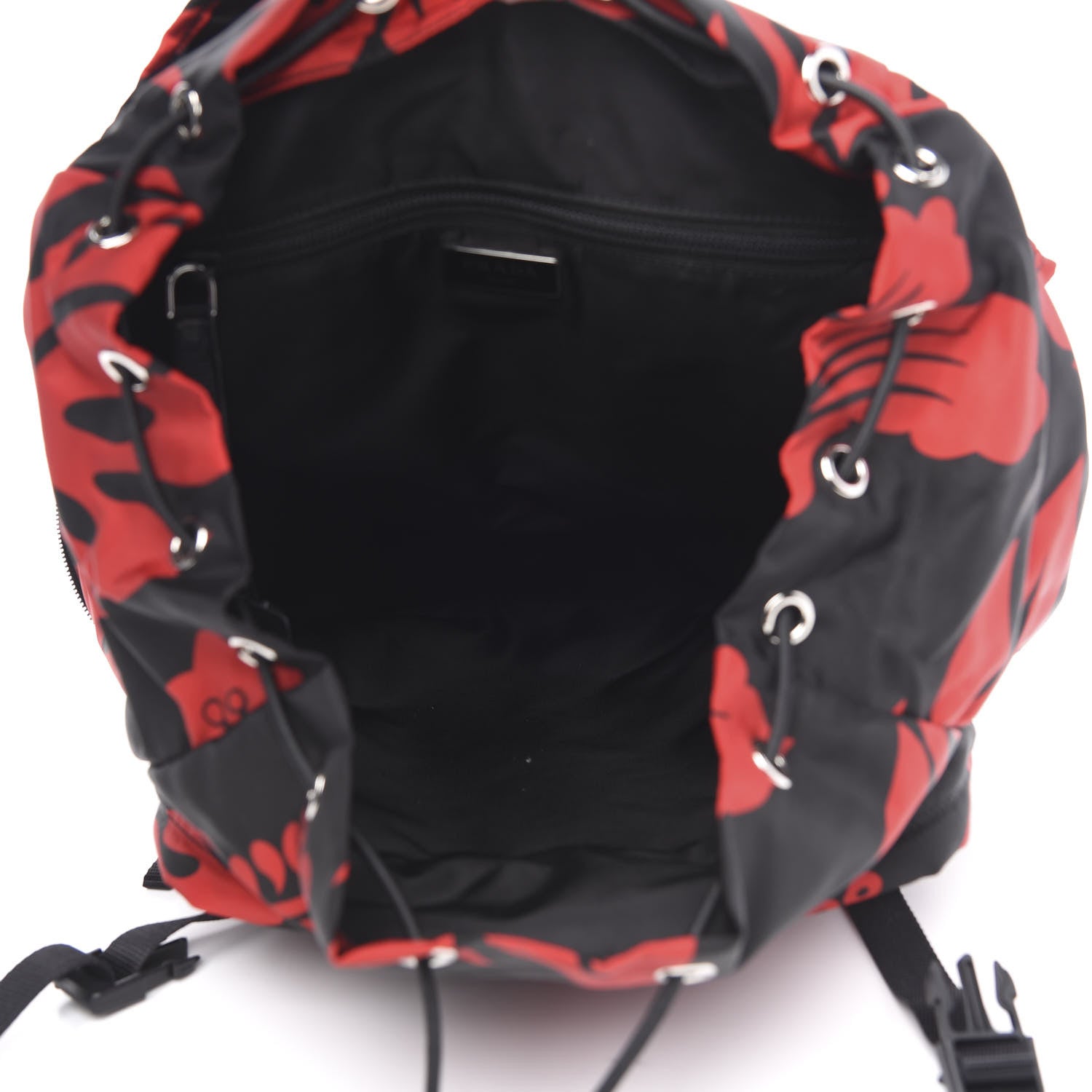 Prada Tessuto Hibiscus Print Double Buckle Backpack Black Rosso 4 of 7