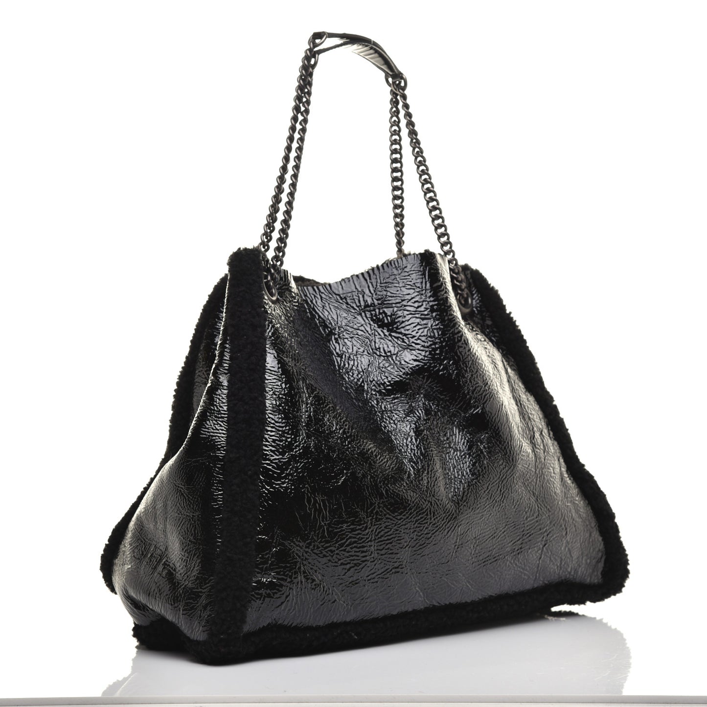 Patent Shearling Medium Soho Chain Shoulder Bag Black
