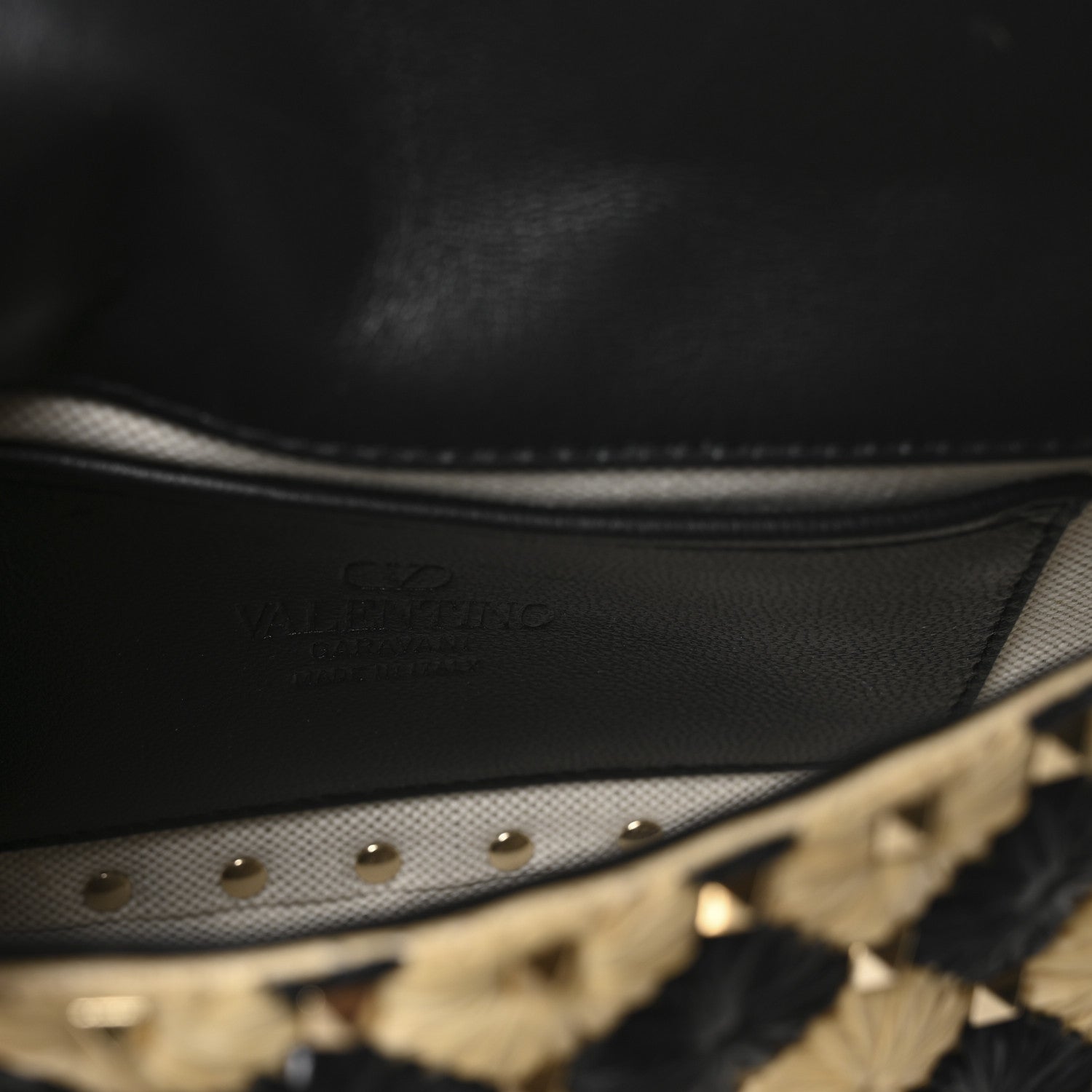 Valentino Garavani Raffia Embroidered Checkered Small Rockstud Spike Shoulder Bag Natural Black 6 of 9