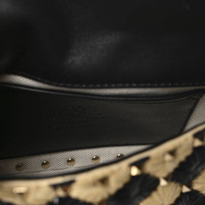 Valentino Garavani Raffia Embroidered Checkered Small Rockstud Spike Shoulder Bag Natural Black 6 of 9