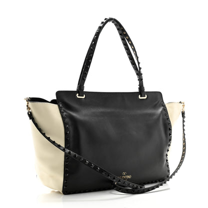 Valentino Garavani Vitello Monochrome Medium Rockstud Tote Black Light Ivory 3 of 9