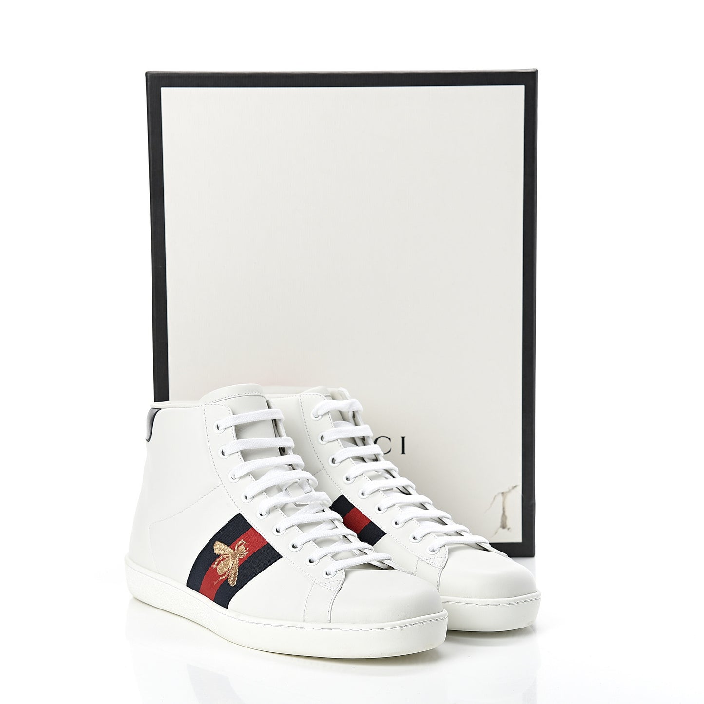 Calfskin Miro Soft Web Bee Embroidered Mens Ace High Top Sneakers 8.5 White