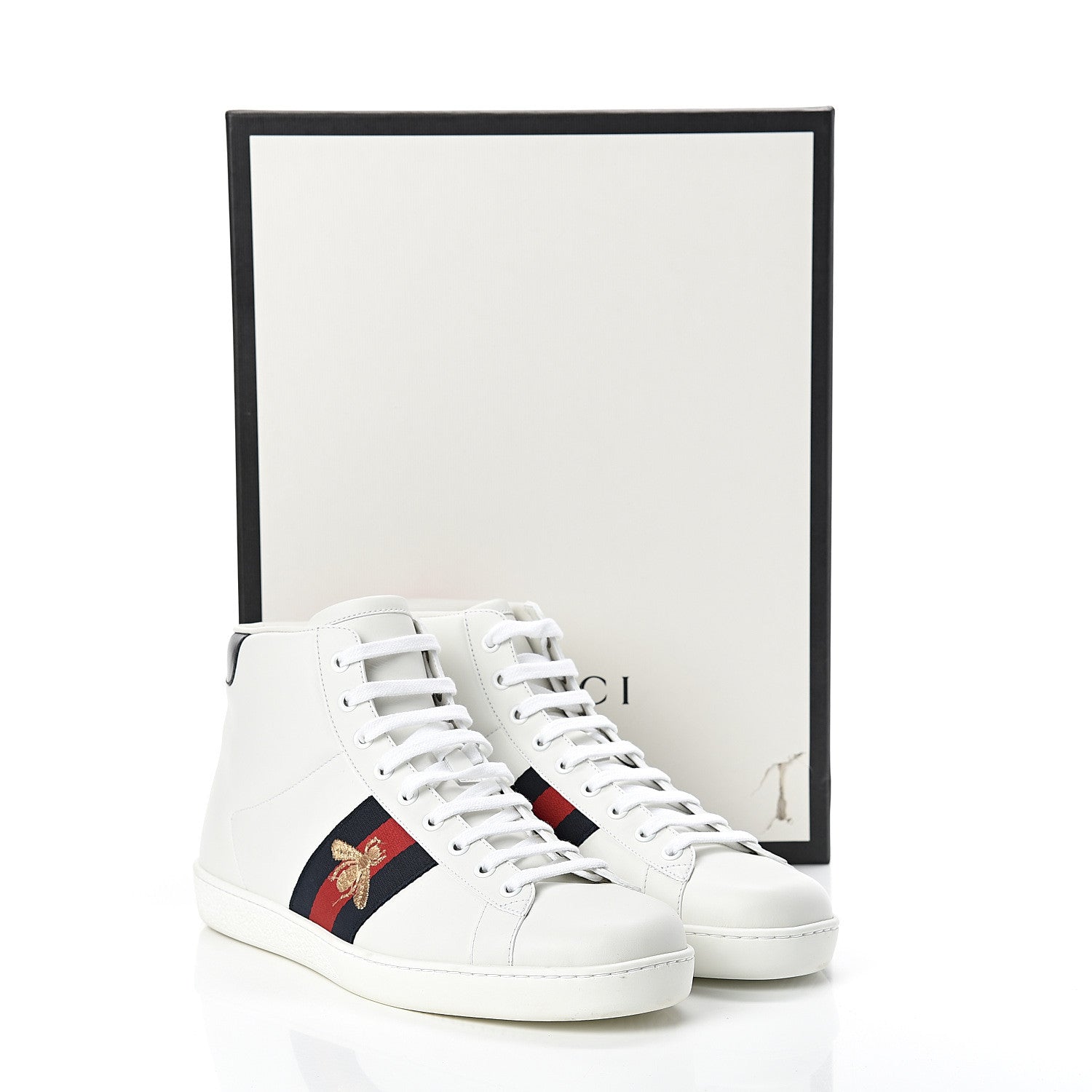 Gucci Calfskin Miro Soft Web Bee Embroidered Mens Ace High Top Sneakers 8.5 White 8 of 8