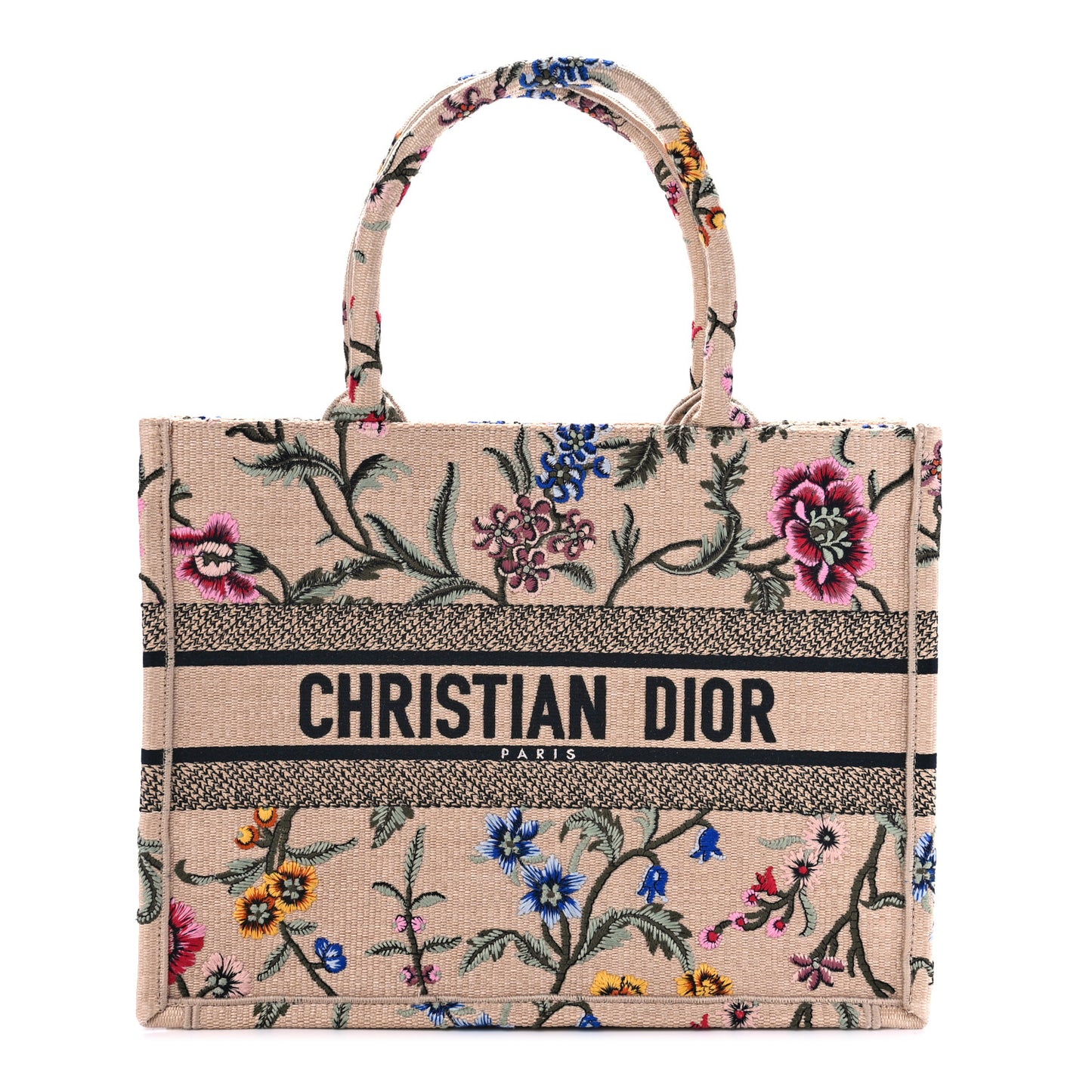 Raffia Embroidered Petites Fleurs Medium Book Tote Natural