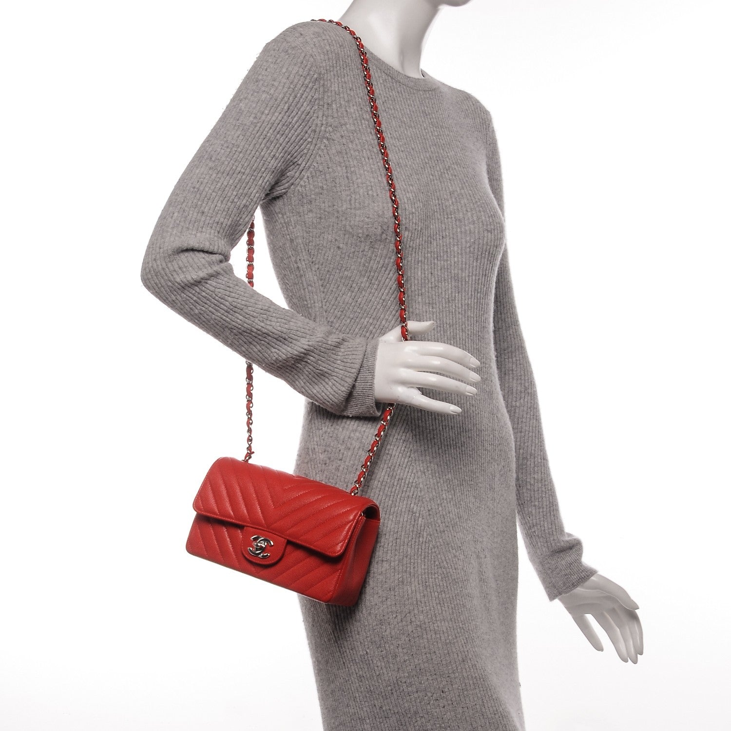 Chanel Caviar Chevron Quilted Mini Rectangular Flap Red 2 of 7