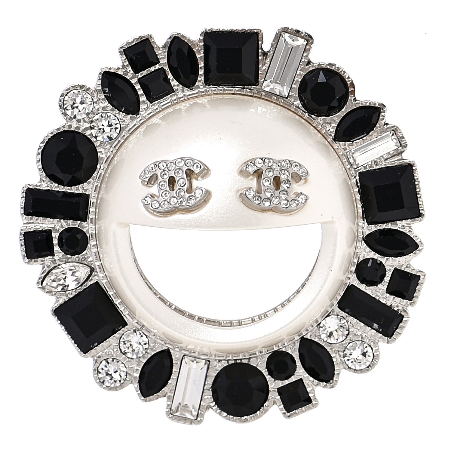 Chanel Crystal CC Smiley Emoji Brooch Silver 1 of 5