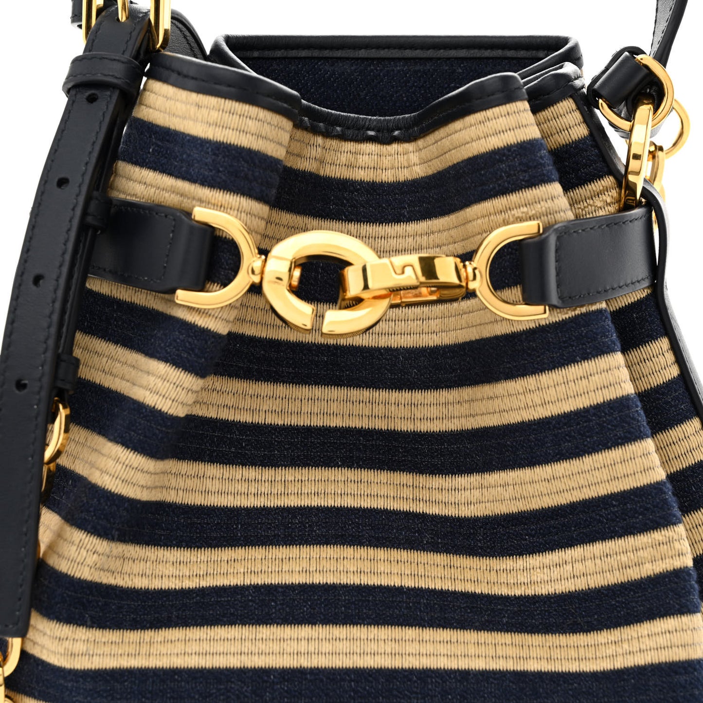 Raffia Medium C'est Chain Bucket Bag Natural Denim Blue