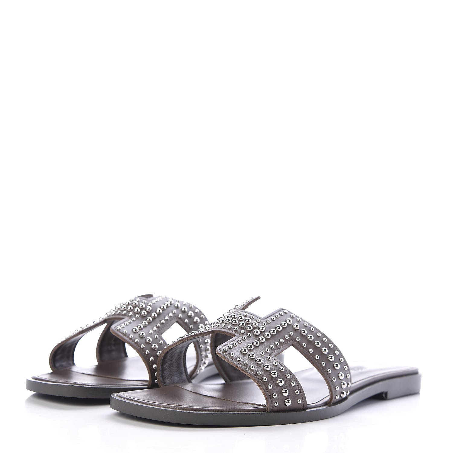 Hermes Calfskin Studded Oran Sandals 38 Gris Galet 3 of 8