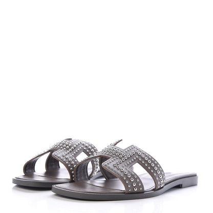 Hermes Calfskin Studded Oran Sandals 38 Gris Galet 3 of 8