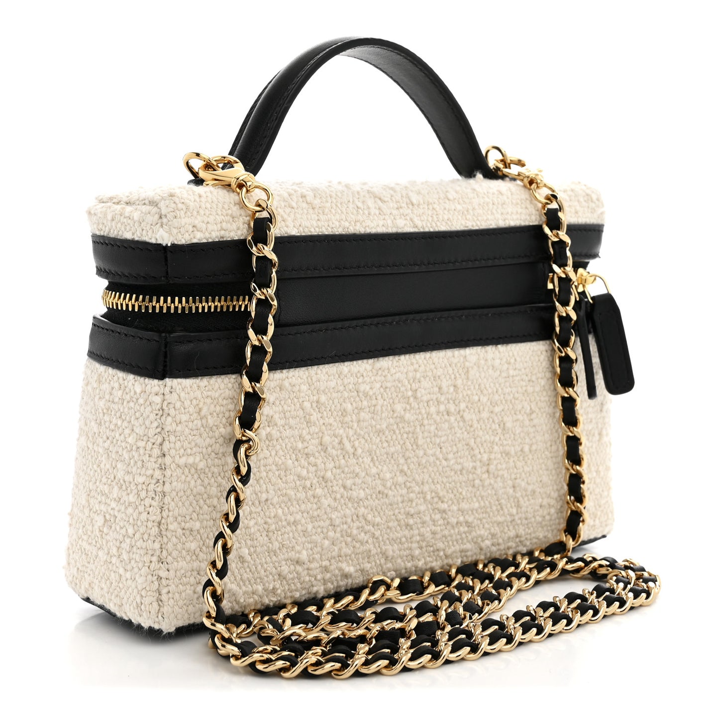 Boucle Calfskin Top Handle Slim Vanity Case With Chain Ecru Black