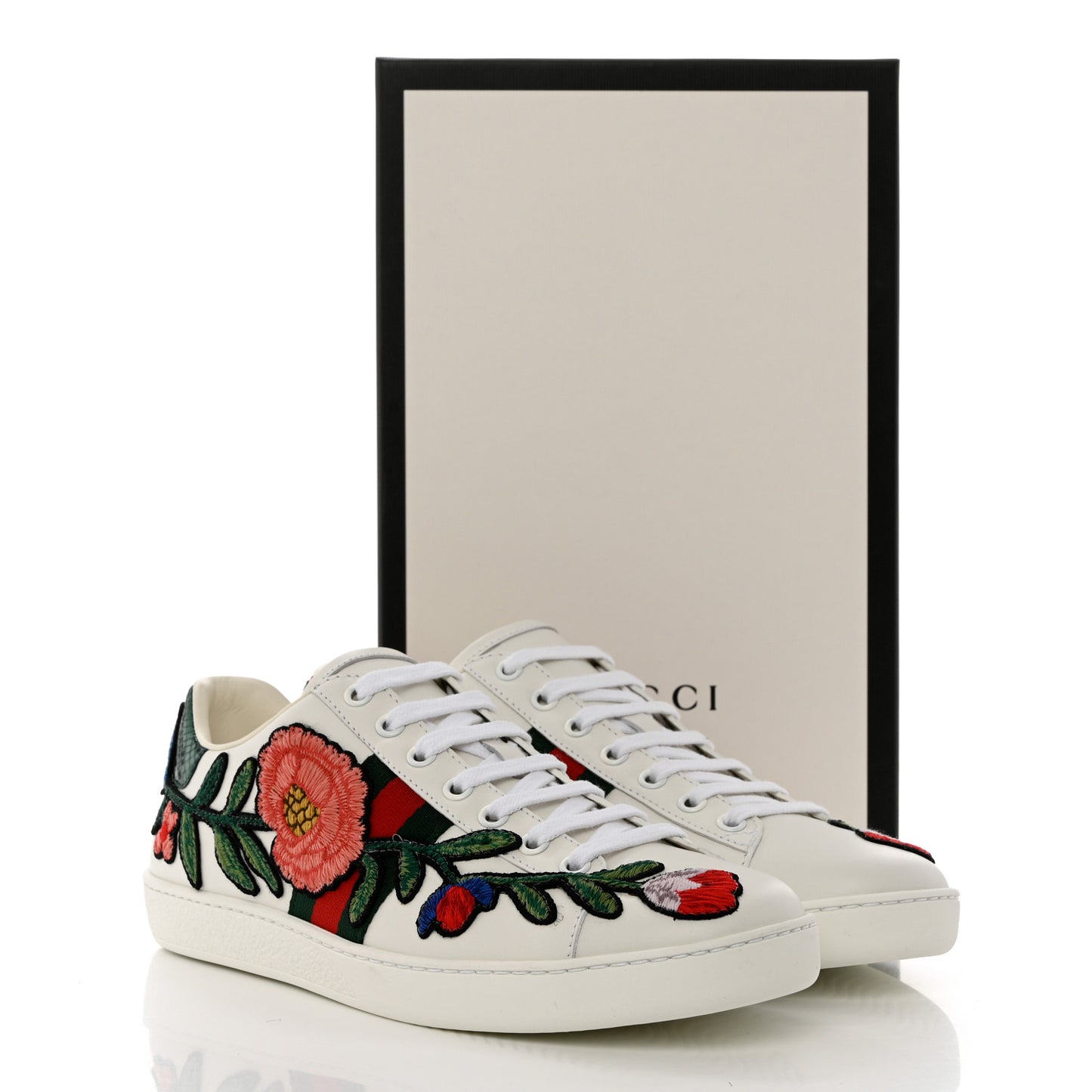 Calfskin Web Floral Embroidered Womens Ace Sneakers 39 White