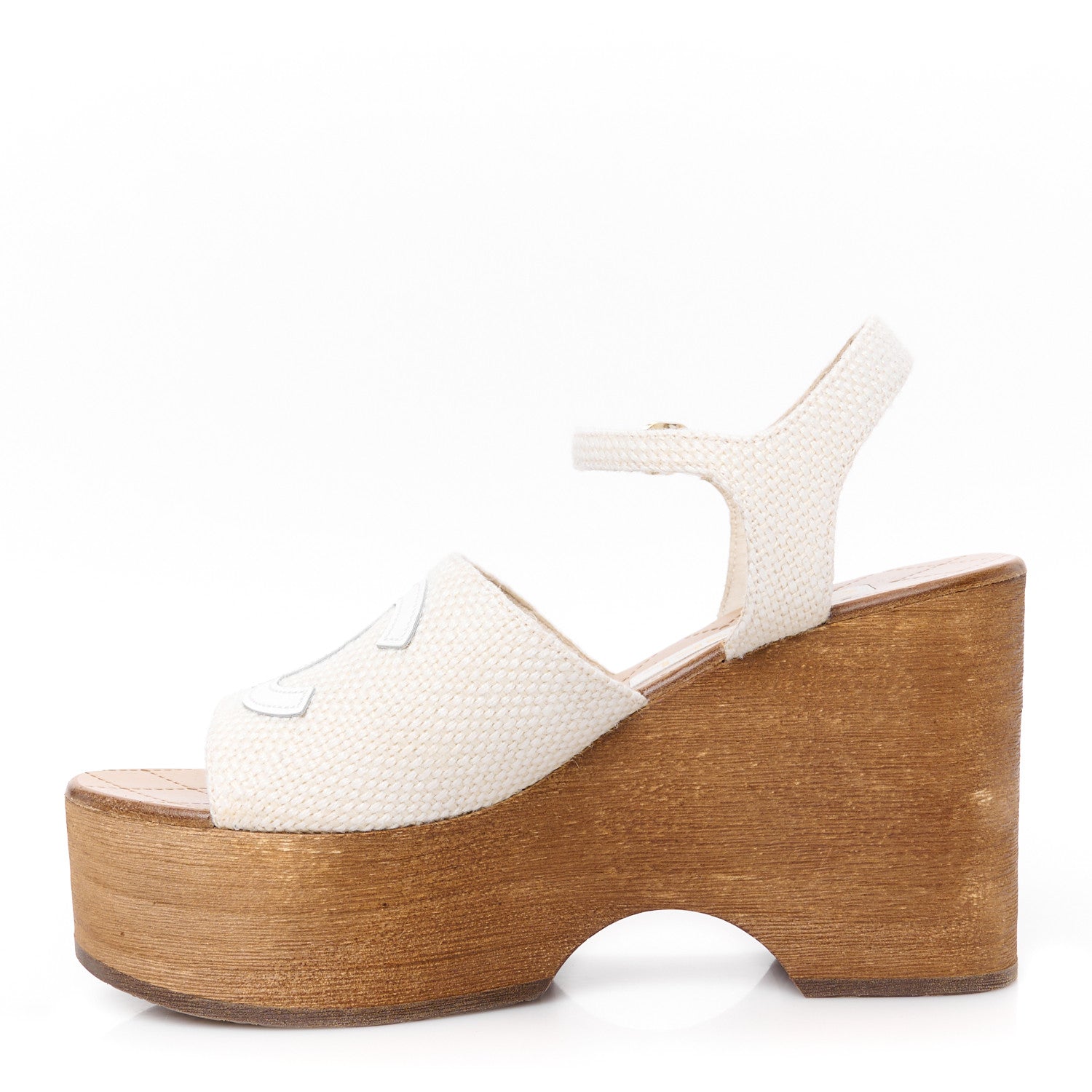 Chanel Fabric Patent Calfskin Platform Wedge Sandals 37 Ivory White 1 of 9