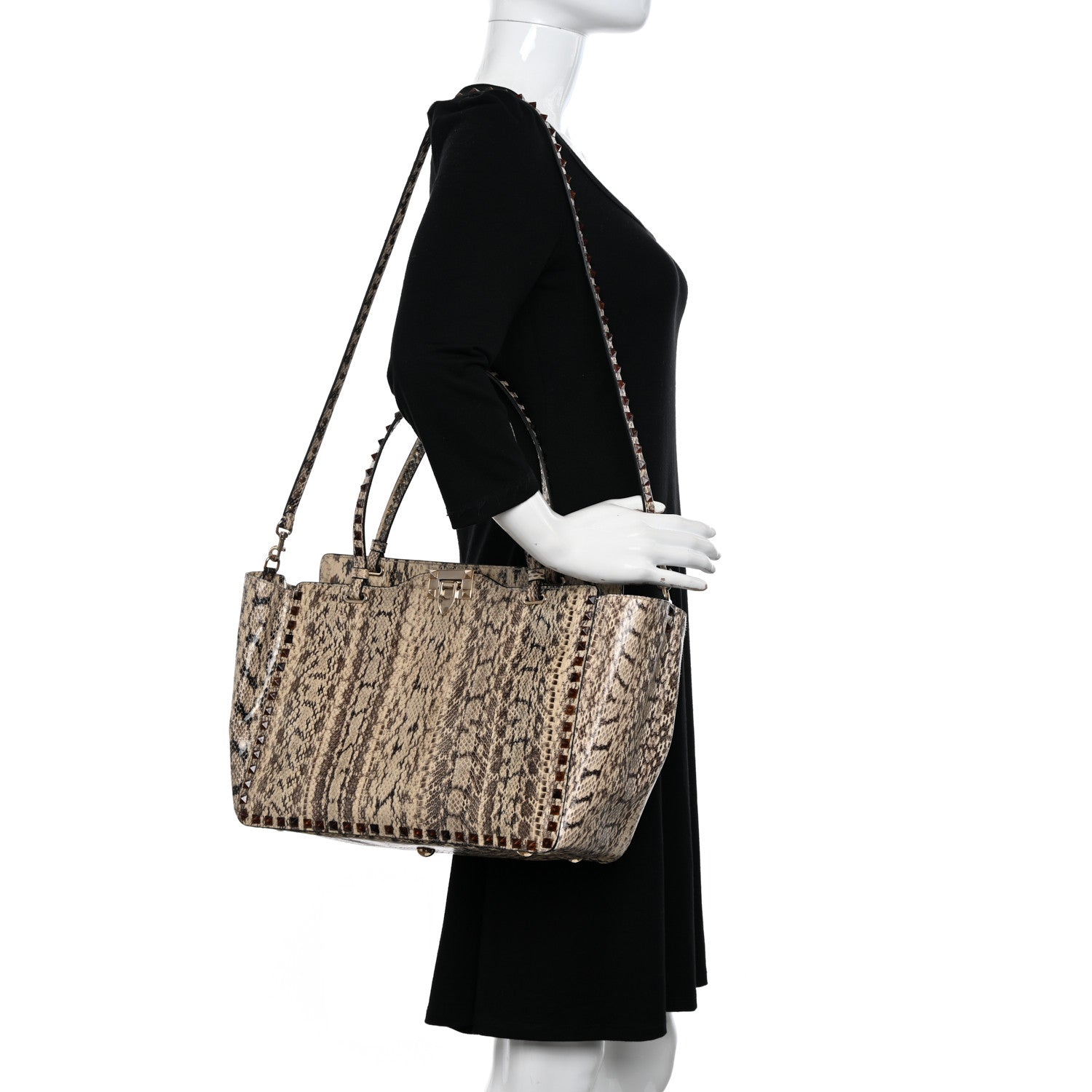 Valentino Garavani Snakeskin Medium Rockstud Tote Beige 2 of 10