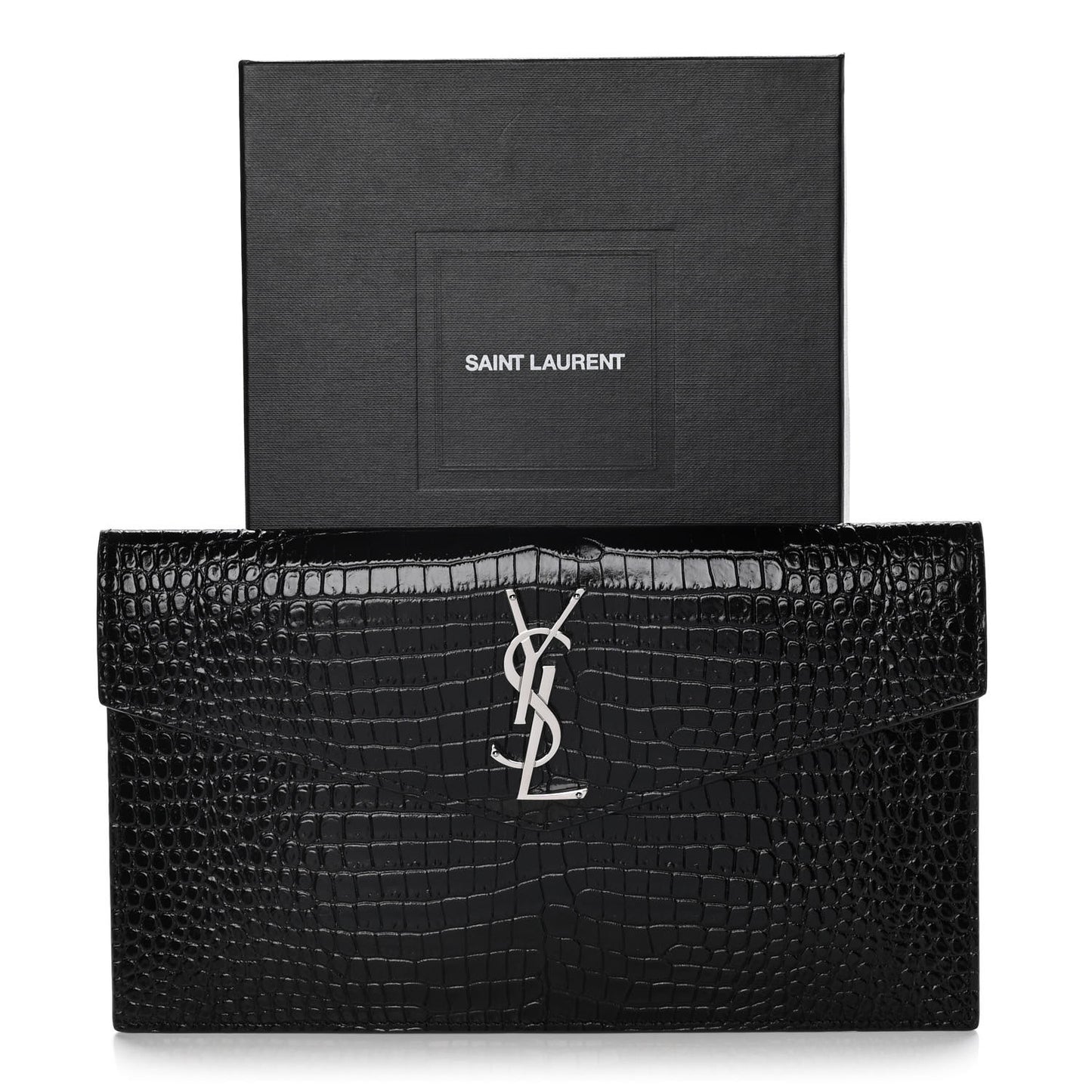 Calfskin Crocodile Embossed Uptown Monogram Clutch Black