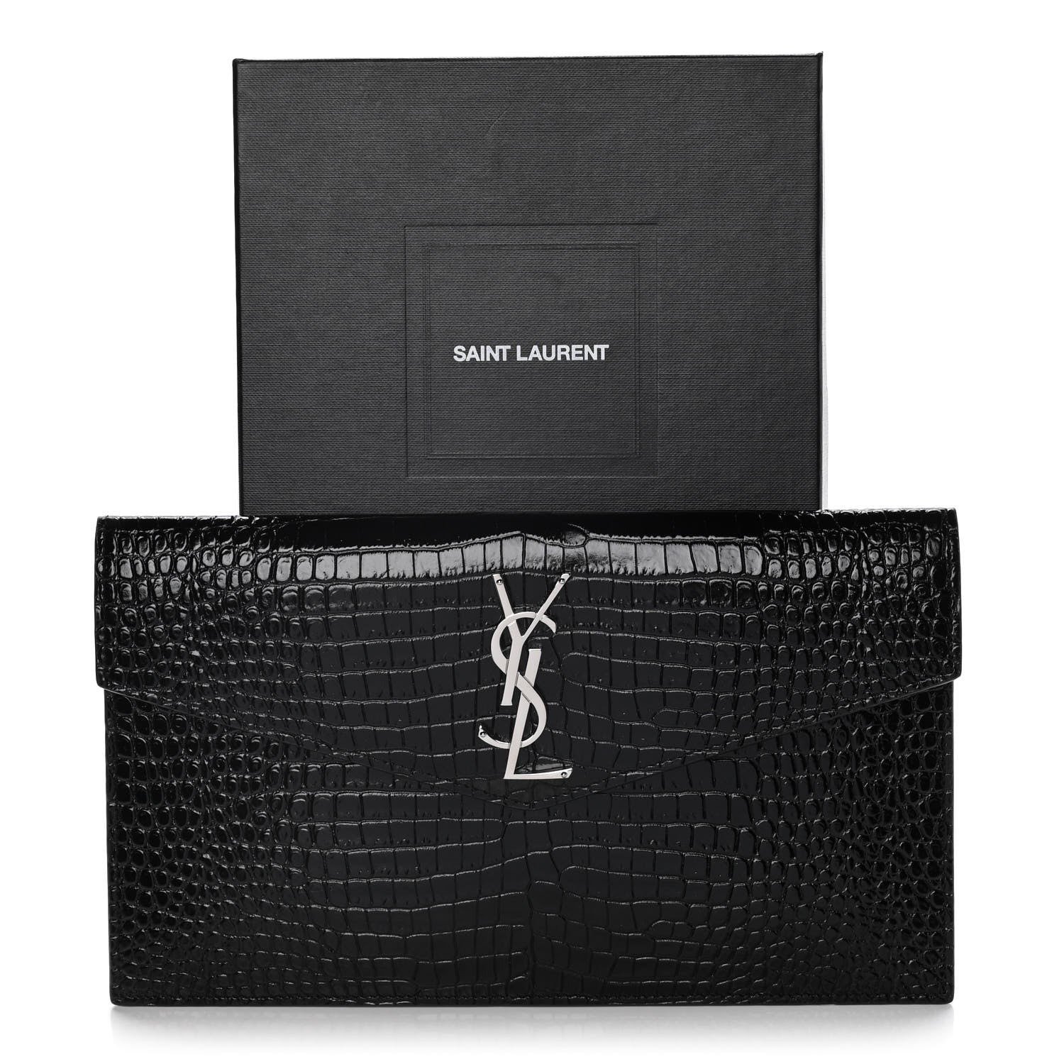 Saint Laurent Calfskin Crocodile Embossed Uptown Monogram Clutch Black 8 of 8