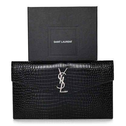 Saint Laurent Calfskin Crocodile Embossed Uptown Monogram Clutch Black 8 of 8