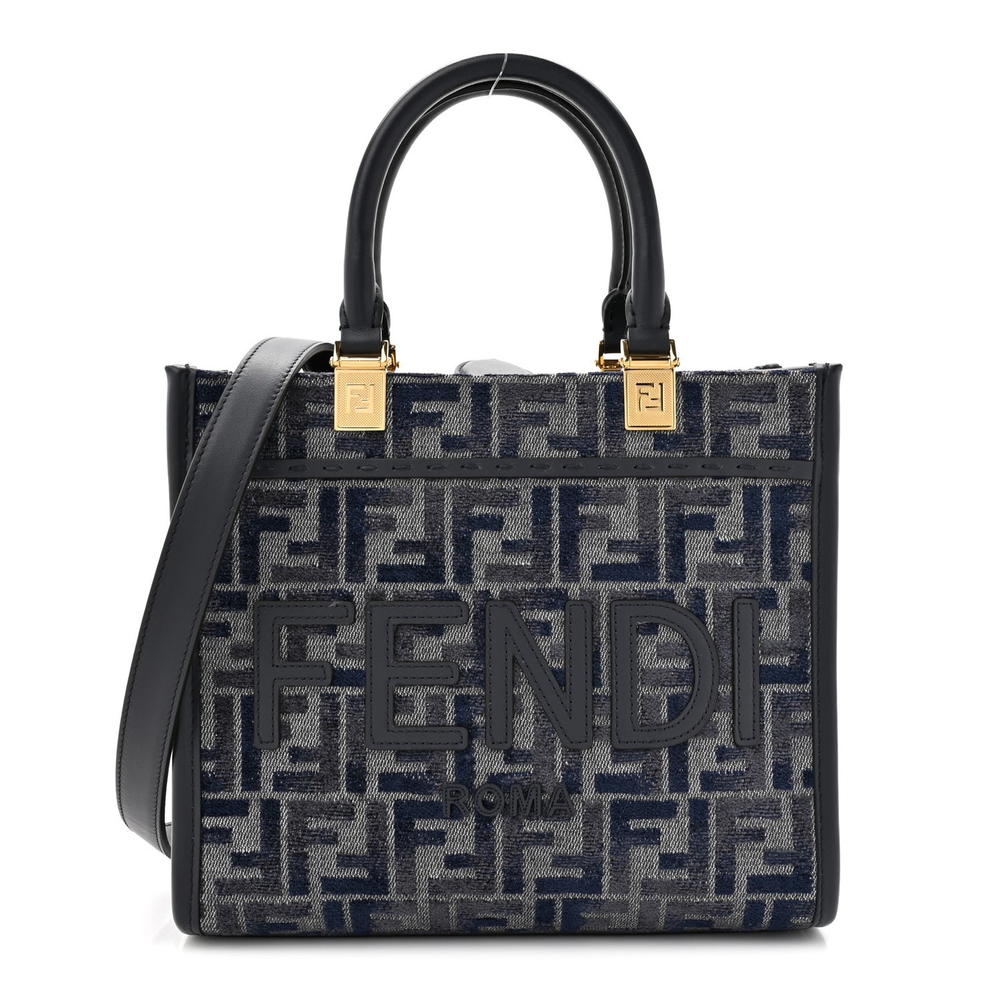 Chenille Vitello Grace FF Embroidered Small Fendi Sunshine Shopper Tote Dark Blue Grey