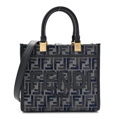 Fendi Chenille Vitello Grace FF Embroidered Small Fendi Sunshine Shopper Tote Dark Blue Grey 1 of 10