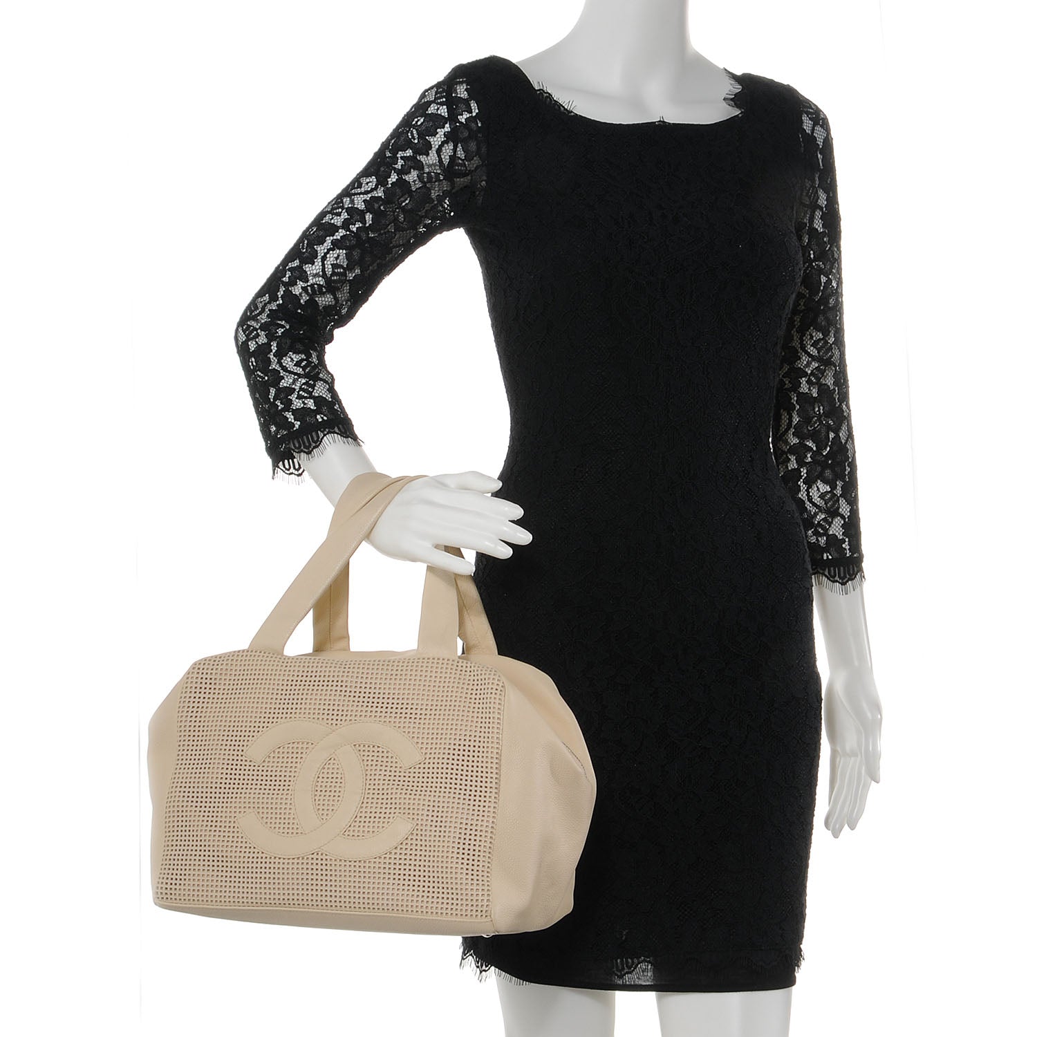 Chanel Leather Perforated Bowler Beige 2 of 7