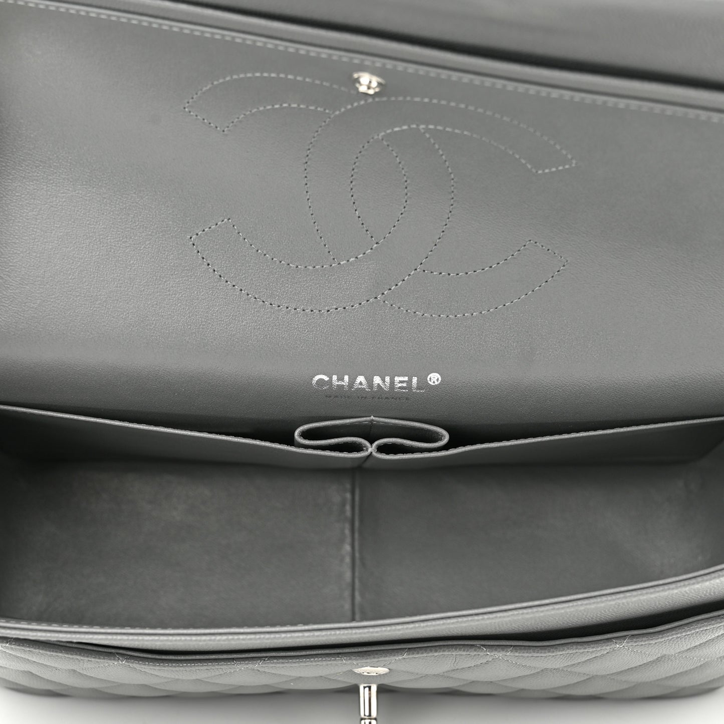 Caviar Quilted Jumbo Double Flap Grey