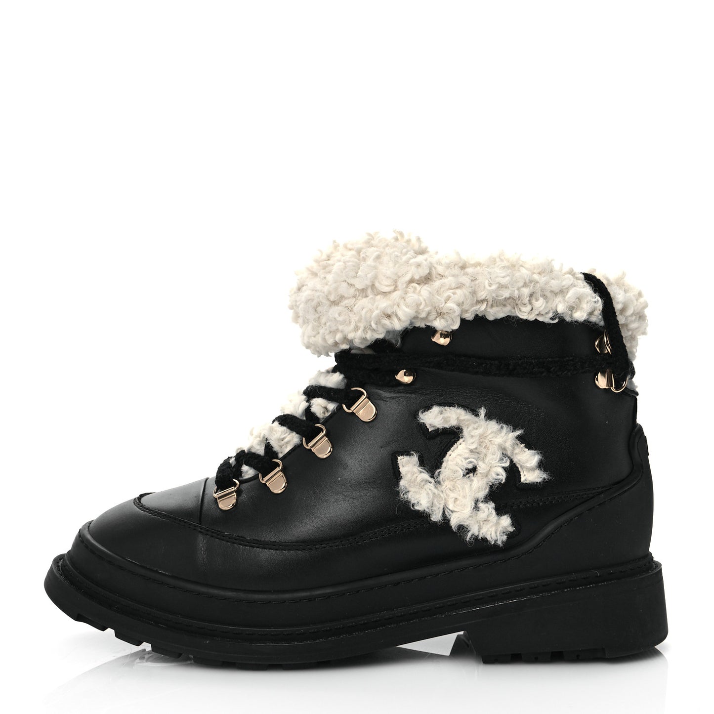 Calfskin Shearling CC Lace Up Boots 39 Black
